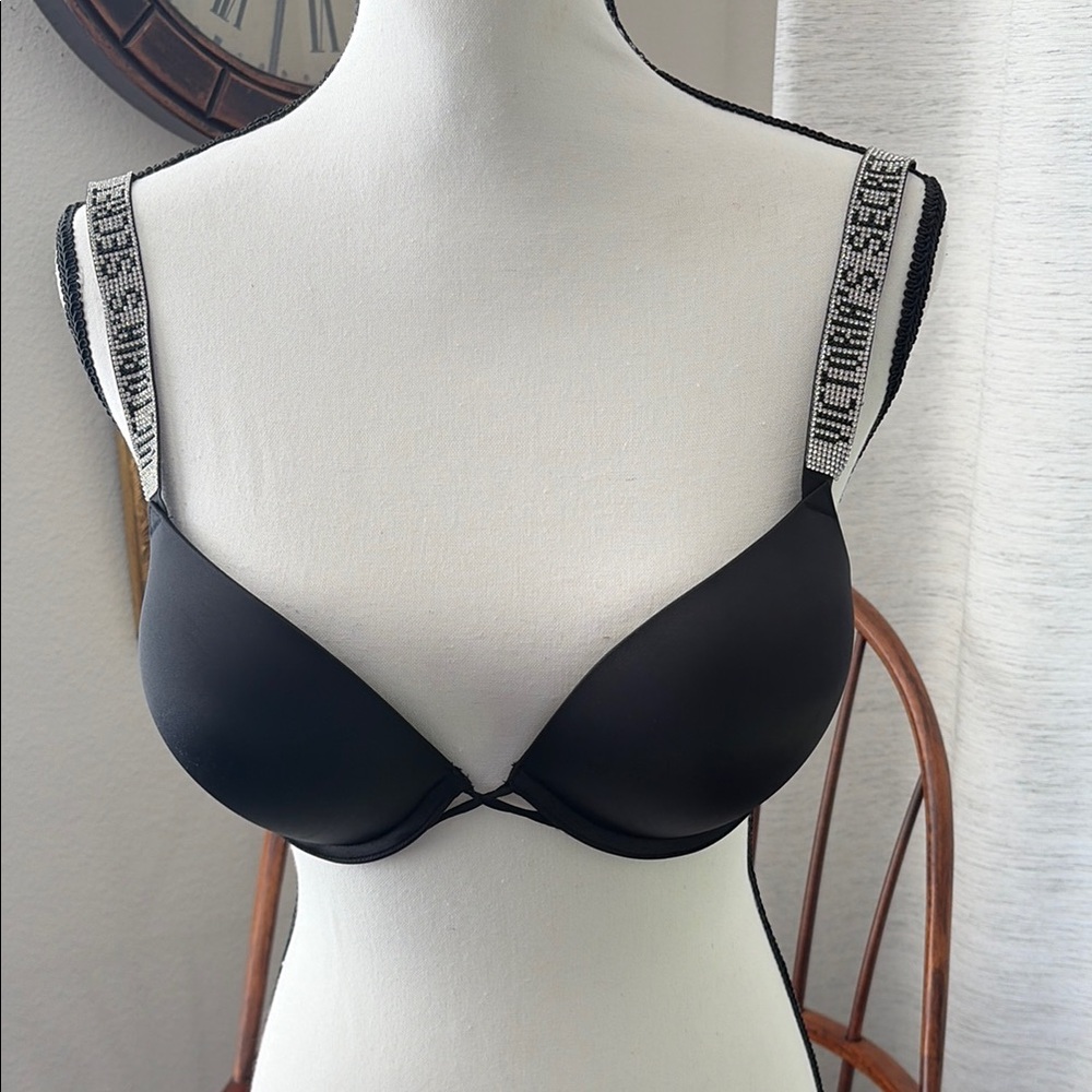 Victorias Secret Black Logo-Trim Push-Up Bra with Embellished Straps
